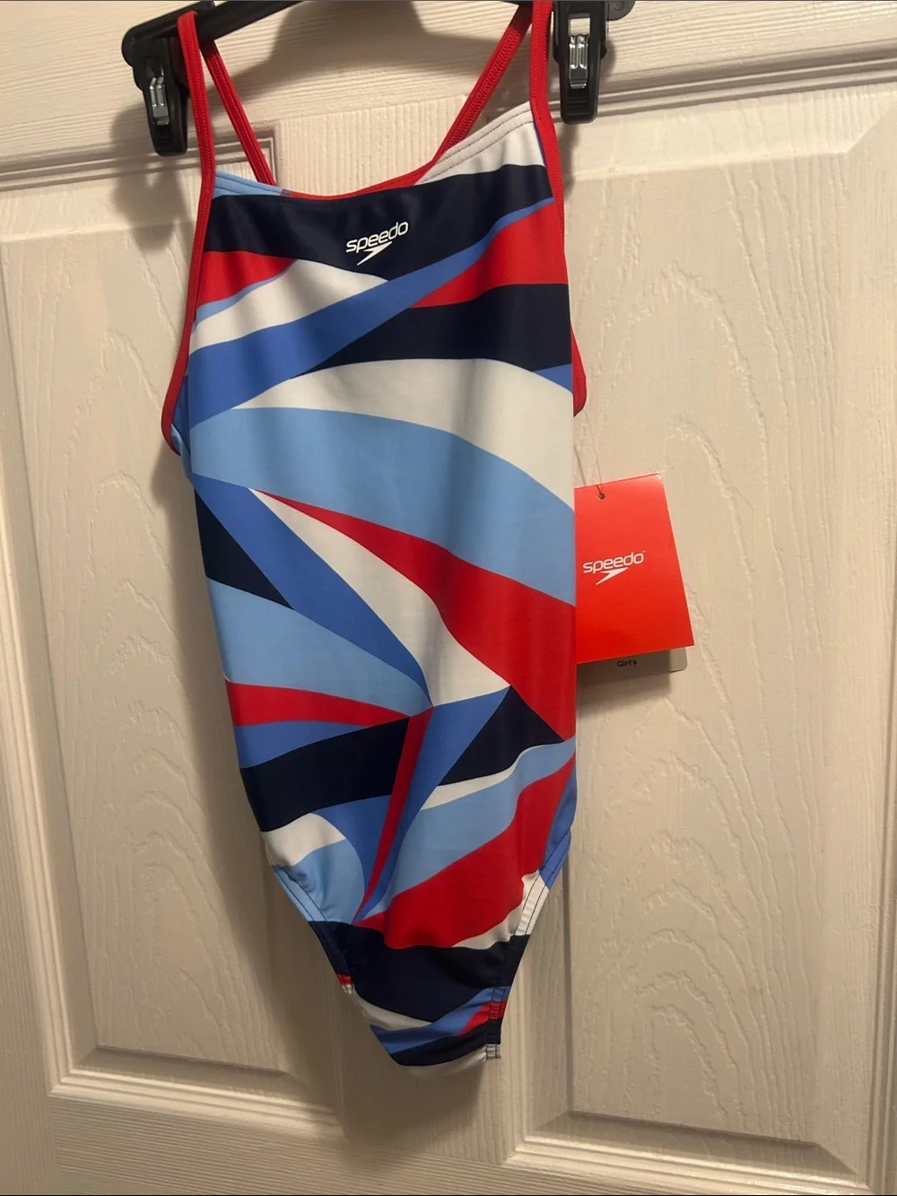 Speedo Girls Red, Light Blue, Navy & White Geometric One-Piece Swim Suit